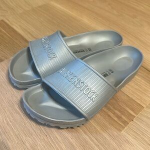 Birkenstock metallic silver slides